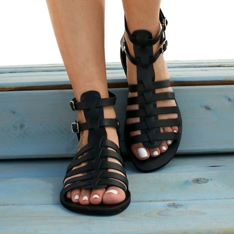 Mujer Sandalias Zapatos romanos Diario Playa Color sólido Verano Tacón Plano Dedo redondo Puntera abierta Vintage Clásico Cuero Sintético PU Sintéticos Hebilla Marrón Claro Negro Dorado 2025 - €28.99 –P1