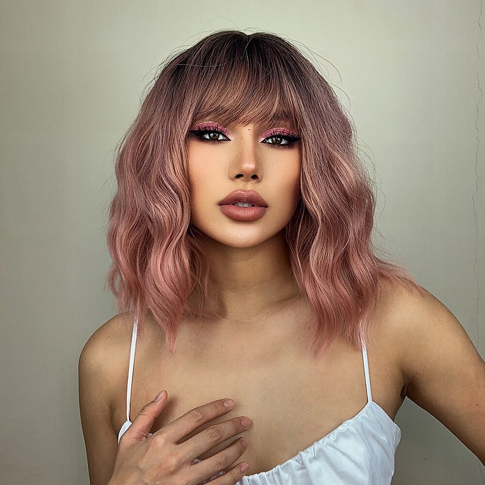 parrucche bob haircube parrucche rosa water wave coaplay con frangetta parrucche bob corte marrone ramato per le donne afroamericane del 2025 a $23.99 –P2
