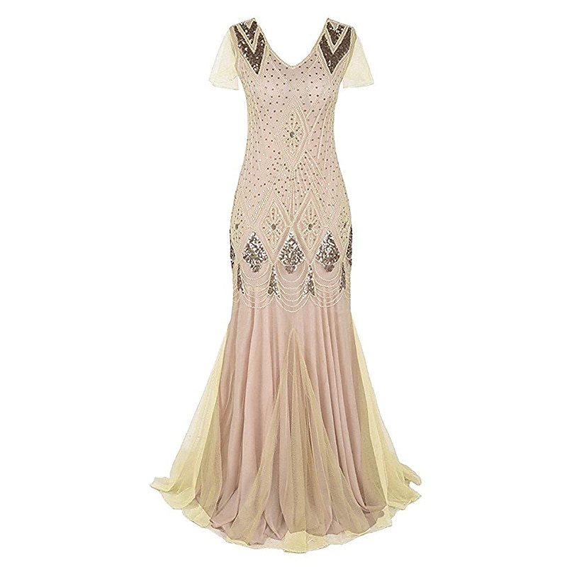 Rugido 20s 1920s Maxi Hasta el Tobillo Vestidos Vestido de noche Vestido de fiesta de graduación Normal Mangas cortas El gran Gatsby charlestón Invitado a la boda Lentejuelas Geométrico Corte 2026 - $56.99 –P9