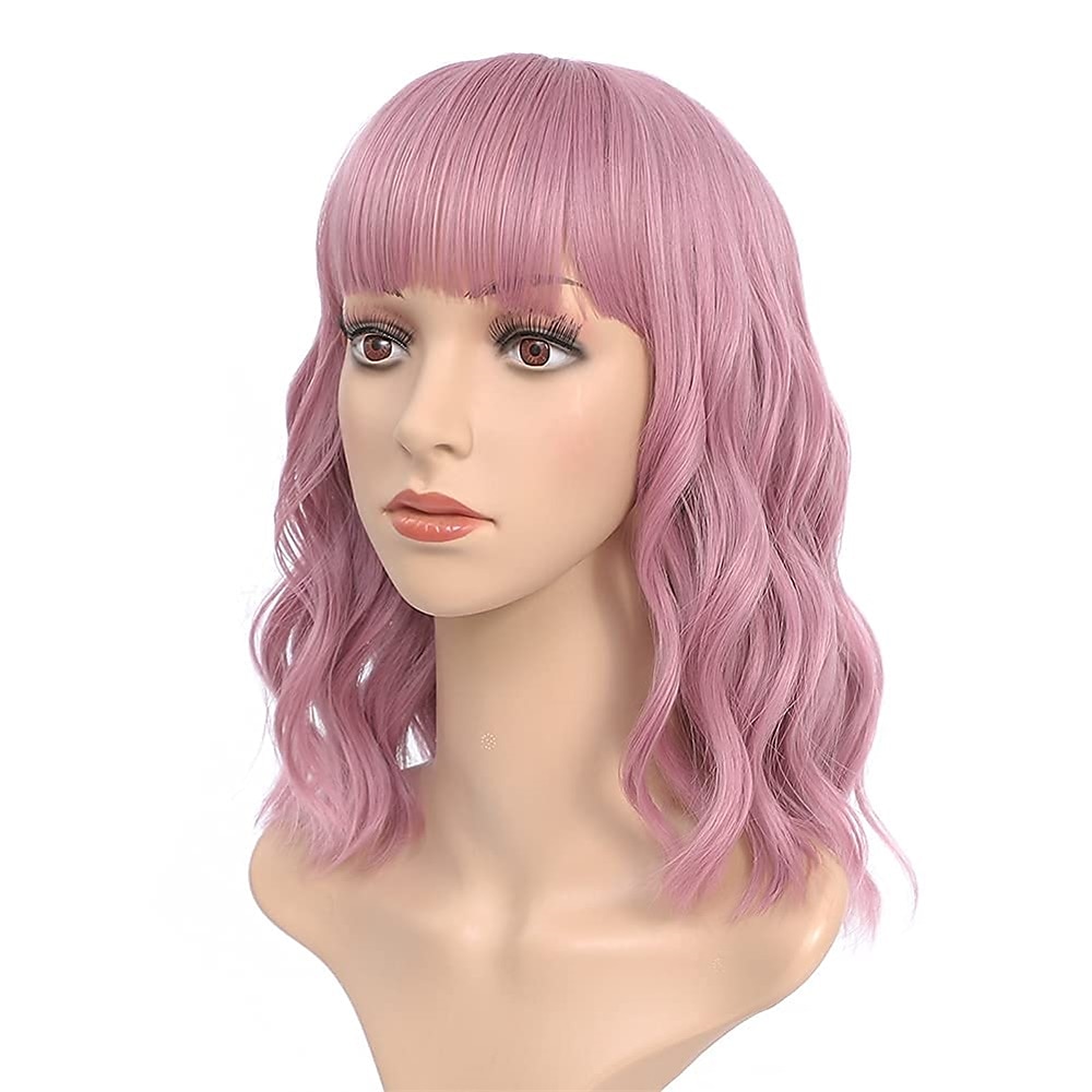 Peruca Curta Onda Rosa com Franja Peruca Curta Bob Cacheada Rosa com Franja Peruca Onda Pastel para Mulheres Peruca Sintética Colorida Cosplay Perucas Halloween de 2025 por $20.99 –P2