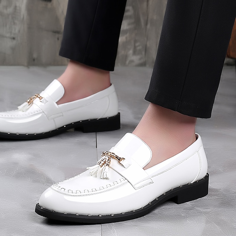 mocassins en cuir verni noir pour hommes avec détails de pompons - chaussures habillées élégantes pour le bureau et les événements de 2025 ? $64.99 –P6