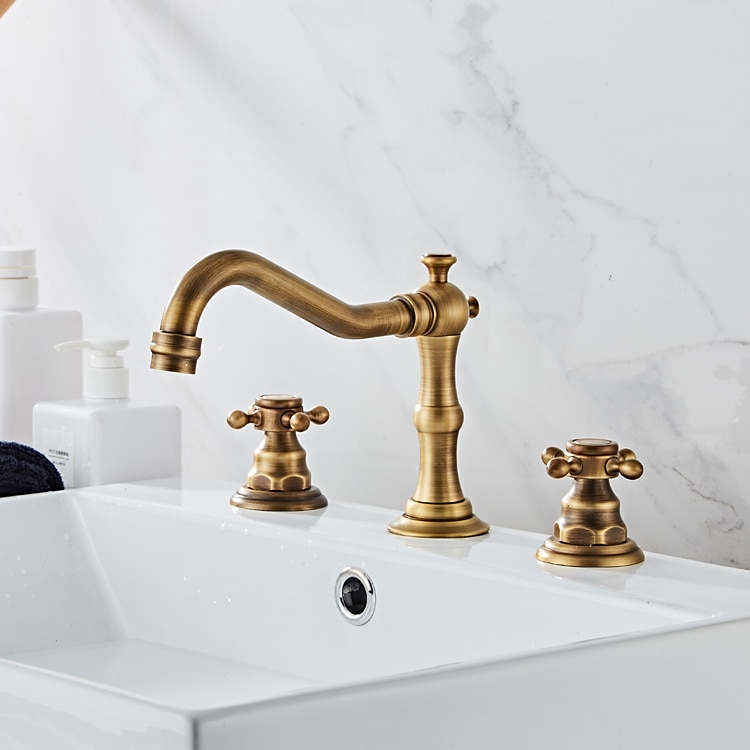 rubinetto del lavandino del bagno diffuso, due maniglie tre fori, rubinetto del lavandino del bagno con sfera in ottone contiene linee di alimentazione e tappo di scarico e interruttore caldo / freddo del 2025 a $145.99 –P2