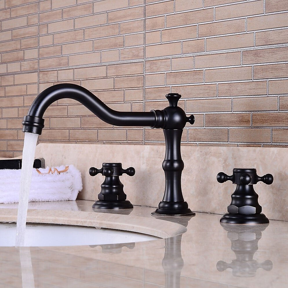 rubinetto del lavandino del bagno diffuso, due maniglie tre fori, rubinetto del lavandino del bagno con sfera in ottone contiene linee di alimentazione e tappo di scarico e interruttore caldo / freddo del 2025 a $145.99 –P1