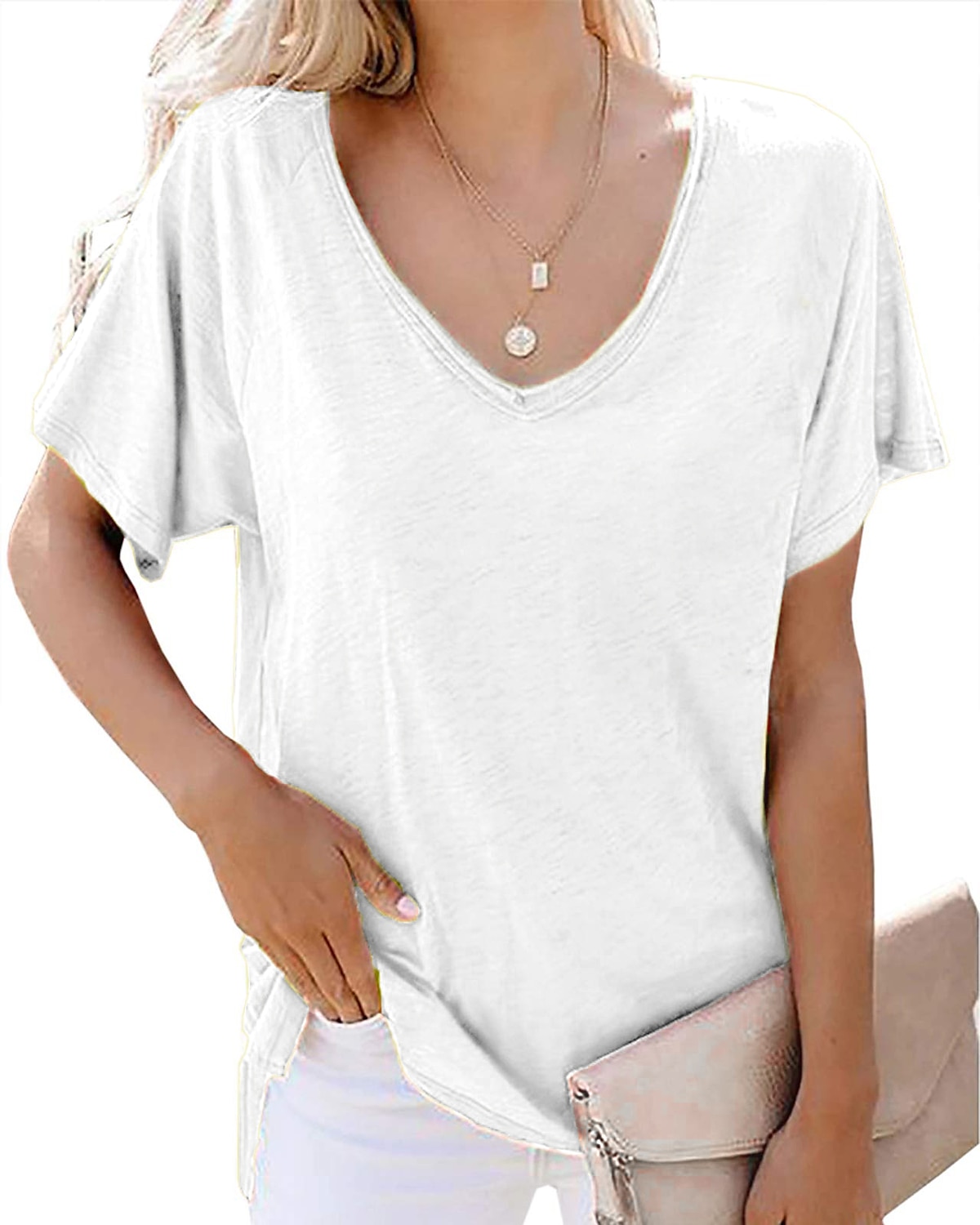 Femme T shirt Plein Plage Manche Courte Col V Hauts réguliers Casual Noir Blanche Vert Véronèse bleu marine Gris Clair de 2025 ? $15.99 –P5