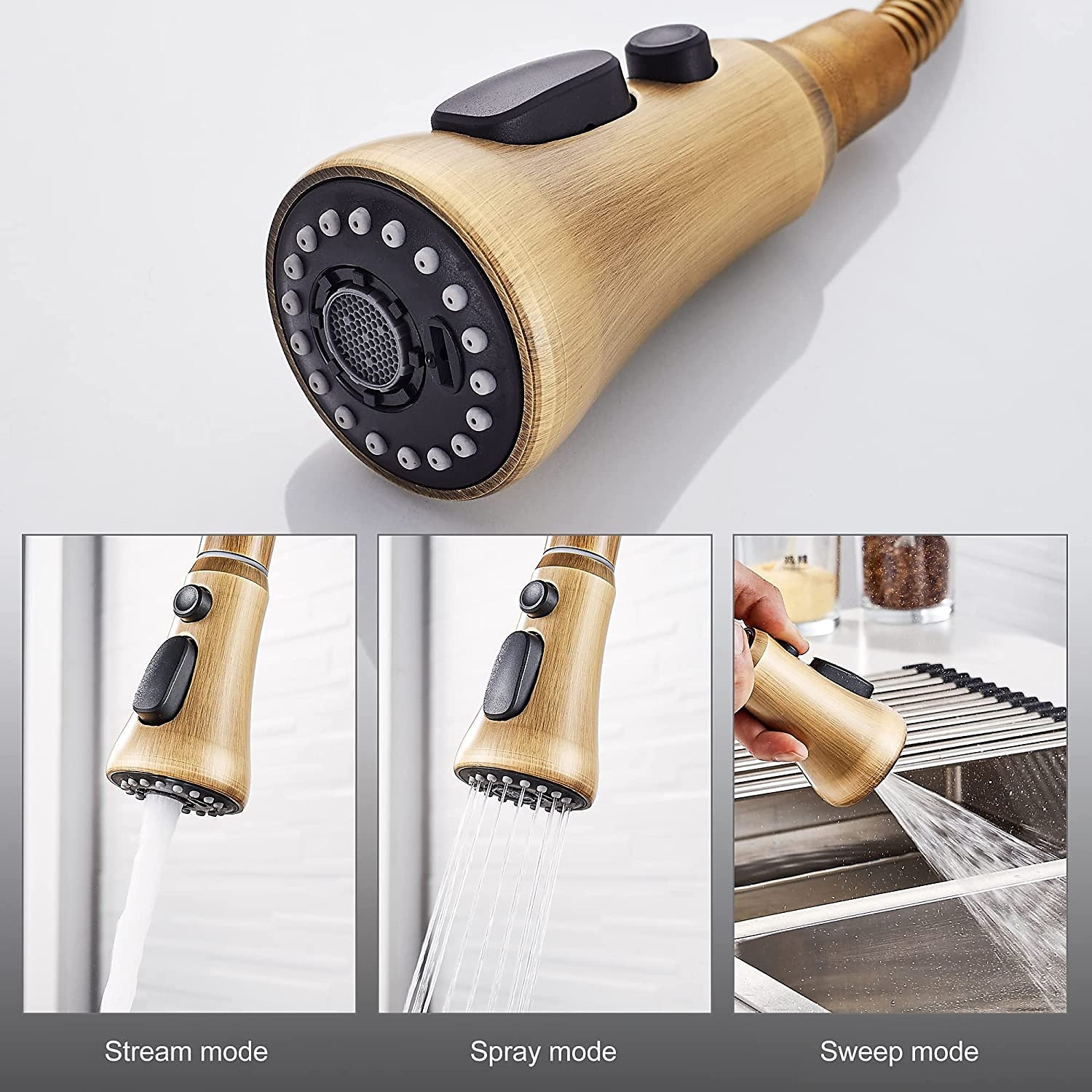 keukenkraan met sproeier, antiek messing uittrekbaar 3-functie afvoermodus enkele handgreep eengats spoelbak keukenkranen met zeepdispenser of afvoer 2025 - $178.99 –P1