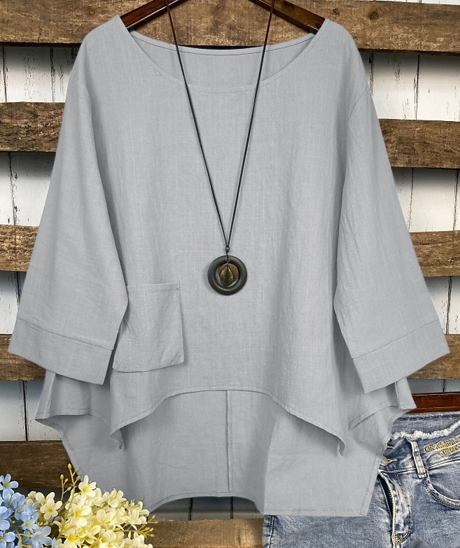 Women's Shirt Blouse Cotton Linen Shirts Plain Fashion Round Neck Casual Pocket Asymmetric Hem Army Green Red Blue Summer 2025 - $27.99 –P1