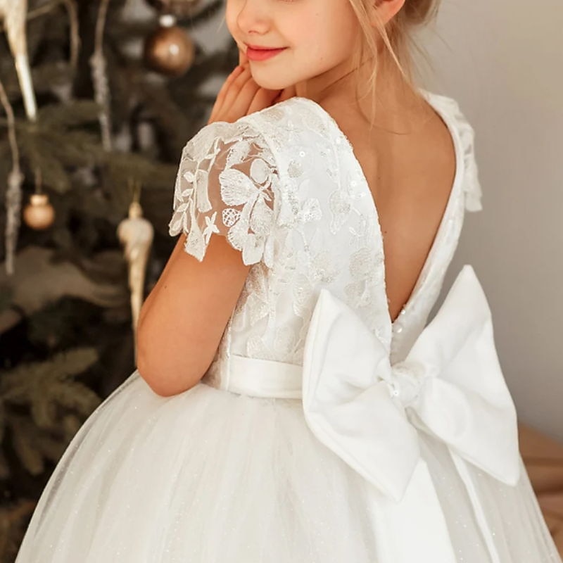 Blumenmädchenkleid Mädchen Kleid Prinzessinenkleid Kleid für die Erstkommunion Party Kleid Leistung Hochzeit Party Prinzessin Süß Gitter Bedruckt Blume Kurzarm Rundhalsausschnitt Weiß 3-12 Jahre 2025 - $78.99 –P4