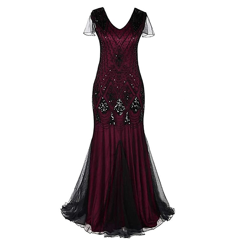Rugido 20s 1920s Maxi Hasta el Tobillo Vestidos Vestido de noche Vestido de fiesta de graduación Normal Mangas cortas El gran Gatsby charlestón Invitado a la boda Lentejuelas Geométrico Corte 2026 - $56.99 –P7