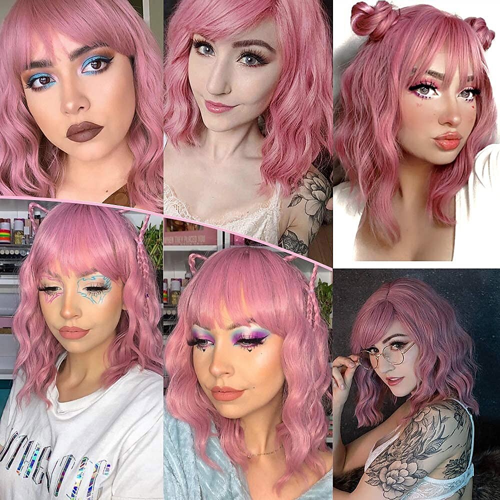 Peruca Curta Onda Rosa com Franja Peruca Curta Bob Cacheada Rosa com Franja Peruca Onda Pastel para Mulheres Peruca Sintética Colorida Cosplay Perucas Halloween de 2025 por $20.99 –P5