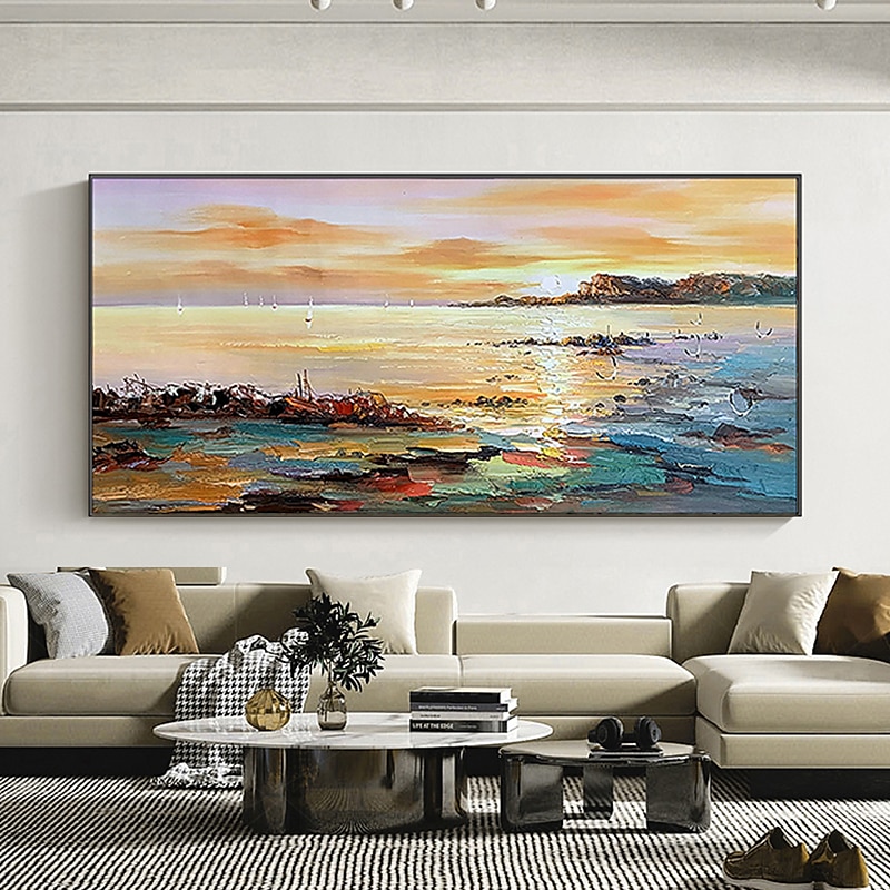 main peinture à l'huile toile mur art décoration abstrait paysage marin peinture coloré bord de mer coucher de soleil pour la décoration intérieure roulé sans cadre non étiré peinture de 2026 ? $159.99 –P4