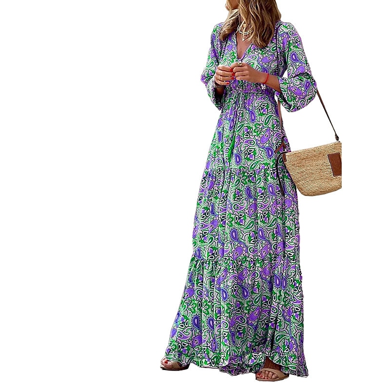 Dame Maxikjole Uformell kjole Boho elegante kjoler Langermet Boho-kjole Boho-kjole Elegant Bohem Stilfull Vinter kjole Feriereise Daglig Normal Blomstret Langermet V-hals Rosa Grønn Høst Vinter 2025 - $41.99 –P7