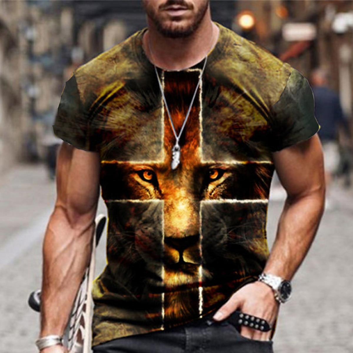 Hombre Unisexo León Estampados Cruz Camisa Camiseta Tee Manga Corta Camiseta Impresión 3D Escote Redondo Camisa Design Básico Grande y alto Casual Diario Negro / Gris Oro + Negro Negro Verano Ropa 2025 - $17.99 –P2