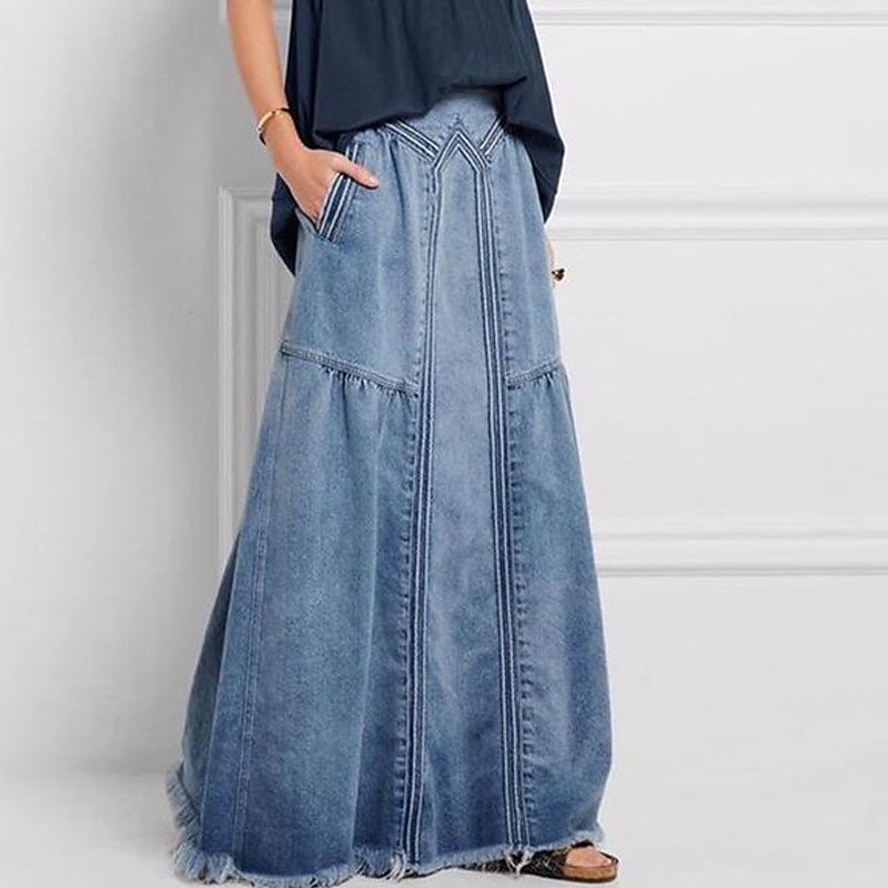 Damen Rock Langer Rock Modisch Sommer Maxi Röcke Einfarbig Tasche Urlaub Büro / Geschäftlich Blau Grau Leicht Blau Sommer Denim 2025 - $32.99 –P3