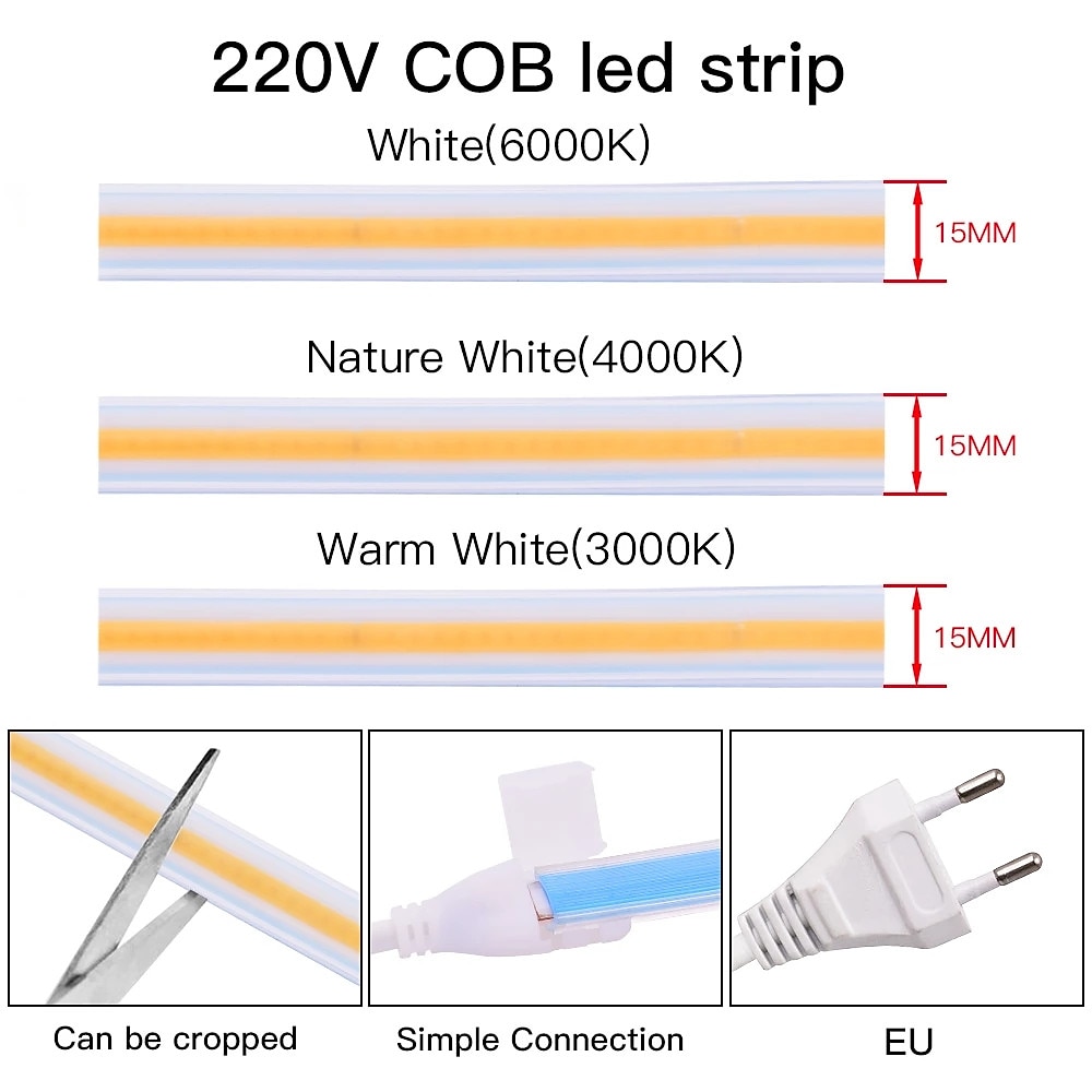 LED Strip Lights COB 220V Waterproof Outdoor Decor RA 80 High Brig 220V Waterproof Outdoor Decor 360 Leds/M RA 80 High Brightness 3000K 4000K 6000K Flexible Ribbon FOB Light 2025 - $51.99 –P7