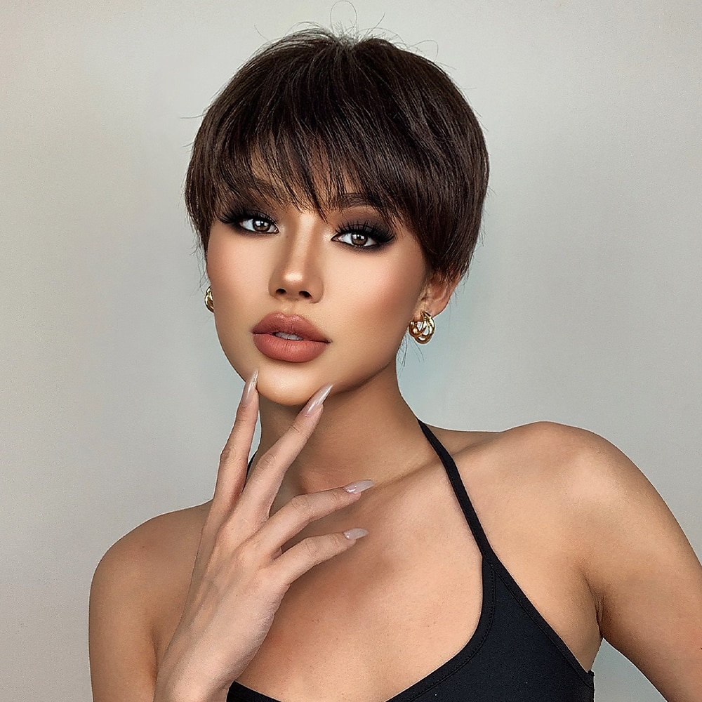 Haircube krótkie proste peruki ombre brązowe włosy syntetyczne peruki z grzywką dla czarnych kobiet codziennie cosplay żaroodporne naturalne włosy peruki boże narodzenie party peruki 2025 - $29.99 –P1