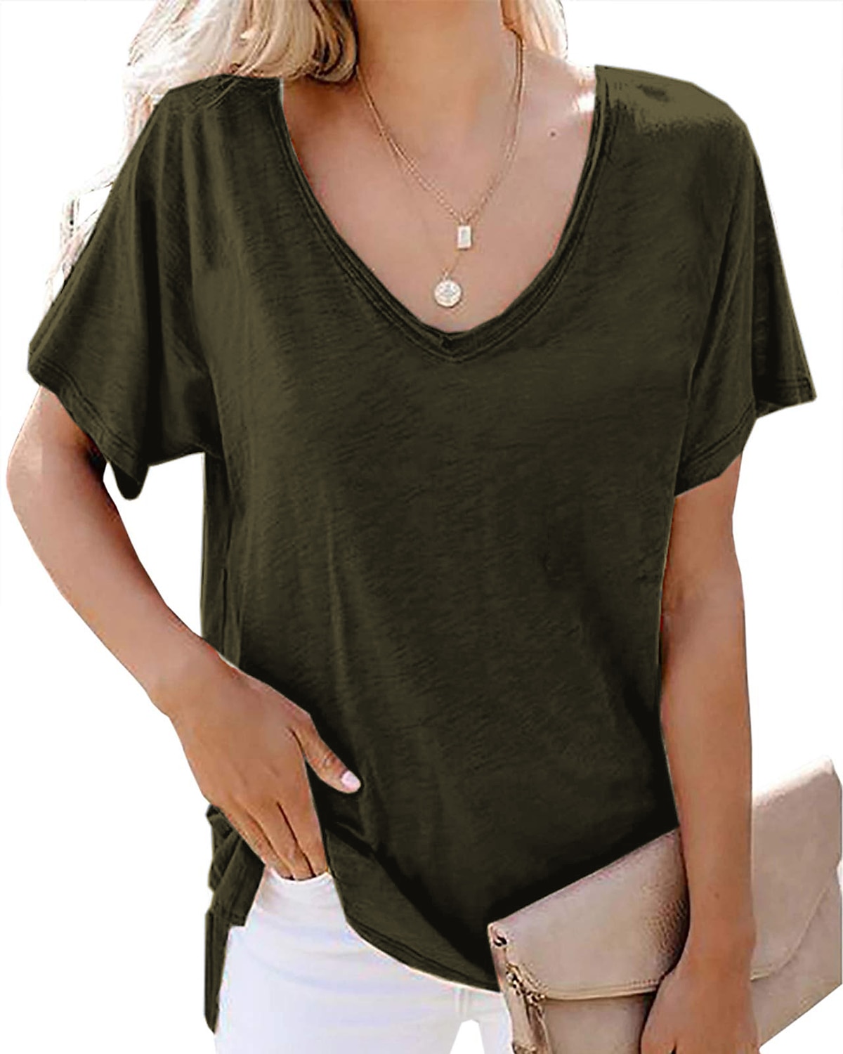 Femme T shirt Plein Plage Manche Courte Col V Hauts réguliers Casual Noir Blanche Vert Véronèse bleu marine Gris Clair de 2025 ? $15.99 –P3