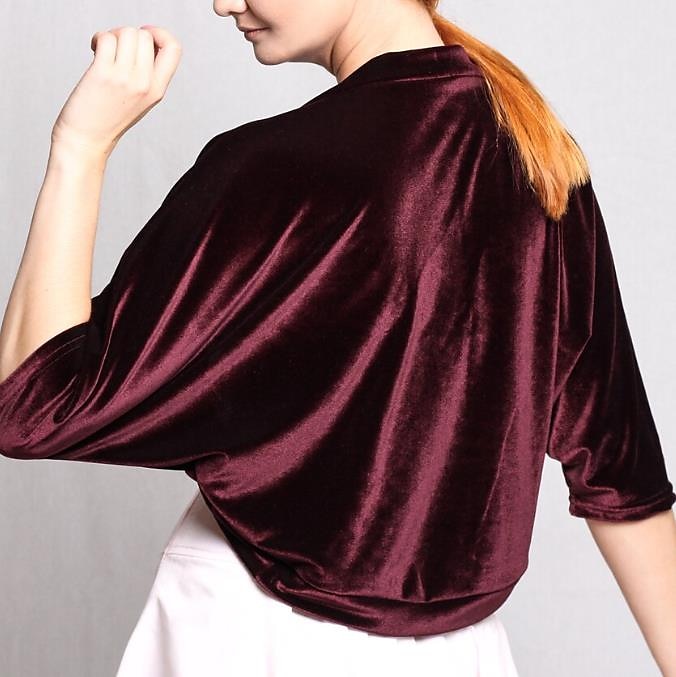 Burgunder fløyel kvinners omslag shrug bolero elegant uformell daglig holde varm 3/4 lengde ermer dolman ermer fløyel bryllup omslag med ren farge kveldens fest høst og vinter antrekk å imponere 2025 - $41.99 –P5