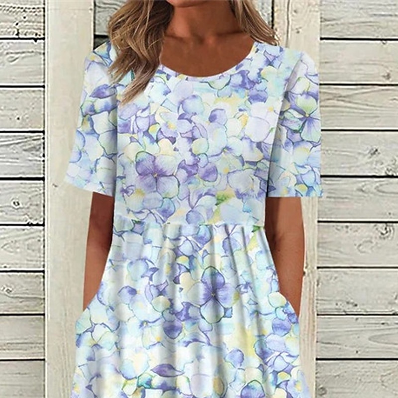 Nők Midi Ruha Átmeneti Ruha Forgó Ruha Kék Rövid Ujjú Virágos Zseb Tavasz Nyár Kerek Nyak Stílusos Laza Fit 2023 S M L XL XXL 3XL 2025 - $46.99 –P2