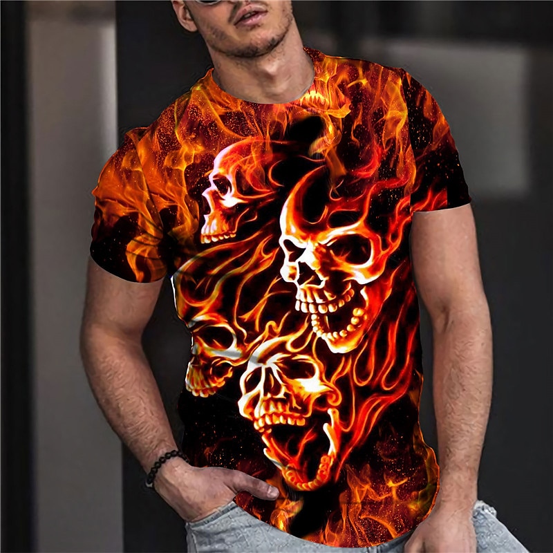 Herren Unisex Totenkopf Motiv Grafik-Drucke Flamme T Shirt Halloween-Shirt Kurzarm T-Shirt 3D-Druck Rundhalsausschnitt Hemd Sport Designer Brautkleider schlicht Outdoor Strasse Täglich Orange Sommer 2025 - $17.99 –P1