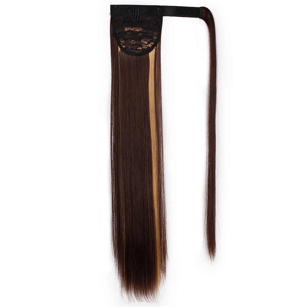 Clip dans l'extension de queue de cheval enveloppant les cheveux raides postiche synthétique de 22 pouces-noir naturel 1b couleur de 2025 ? $12.49 –P5