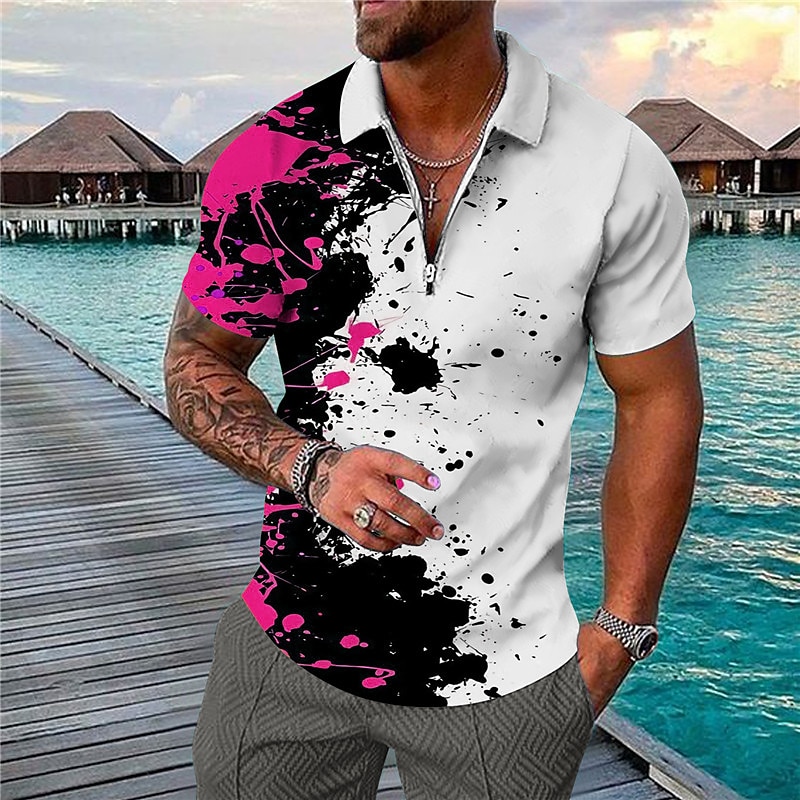 Men's Resort Hawaiian Polo Shirts Golf Shirt Short Sleeve Polo Shirts Collared Shirts Casual Beach Wear Vacation Wear Tropical Wear Party Outfits 3D Print Quarter Zip Polo White Blue Purple 2025 - $22.99 –P3