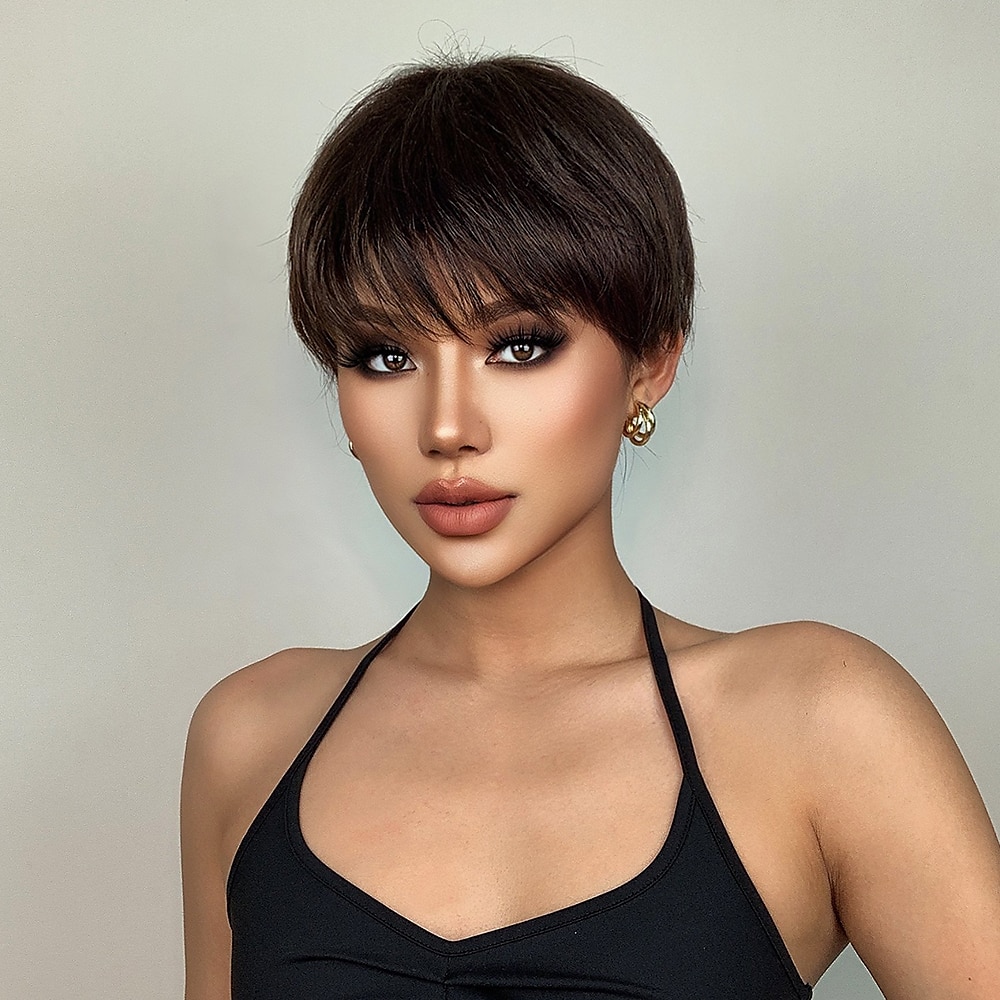 Haircube krótkie proste peruki ombre brązowe włosy syntetyczne peruki z grzywką dla czarnych kobiet codziennie cosplay żaroodporne naturalne włosy peruki boże narodzenie party peruki 2025 - $29.99 –P6