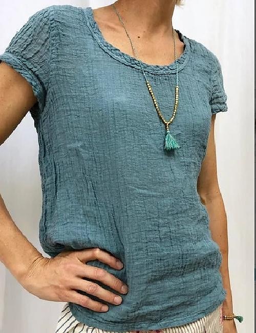 Dames Overhemd Katoenen linnen overhemd Blouse Effen Basic Korte mouw Ronde hals Normale tops Casual Wit Blozend Roze Hemelsblauw Groen Licht Grijs 2025 - $23.99 -P7