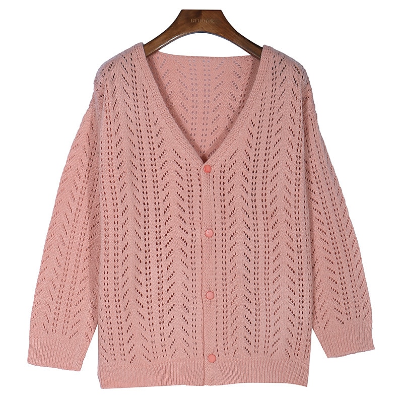 Women's Cardigan Hollow Out Knitted Button Solid Color Basic Casual Long  Sleeve Loose Sweater Cardigans V Neck Fall Winter Spring Blushing Pink  Black Gray / Going out 2024 - $32.99