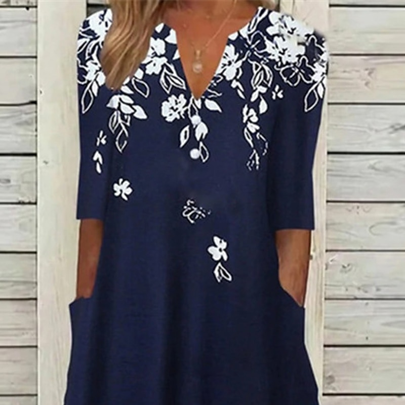 Női Midi Ruha Kényelmes Ruha Tengerészkék Félujjú Virágos Zsebes Nyár Tavasz Ősz V Nyak Vakáció Mindennapi Vakáció 2023 S M L XL XXL 3XL 2025 - $36.99 –P2