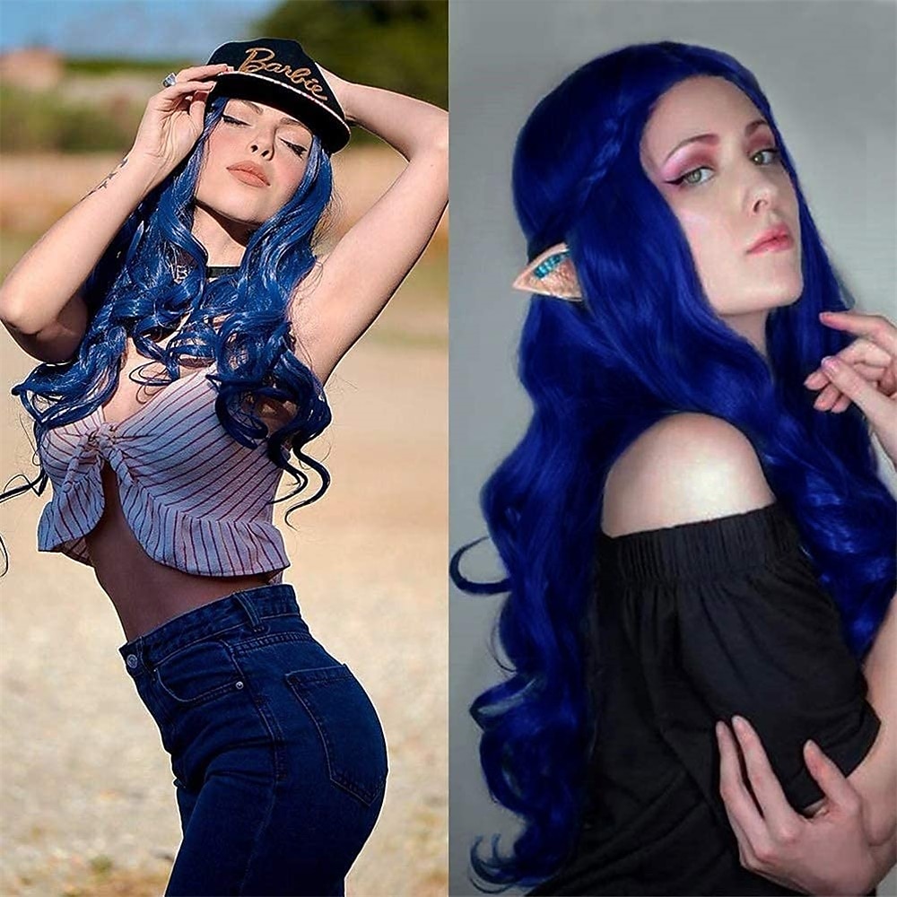 Modré paruky pro ženy dlouhé kudrnaté vlnité střední část syntetické přirozeně vypadající odolné vůči teplu párty cosplay paruky halloweenské paruky 2025 - $25.99 –P4