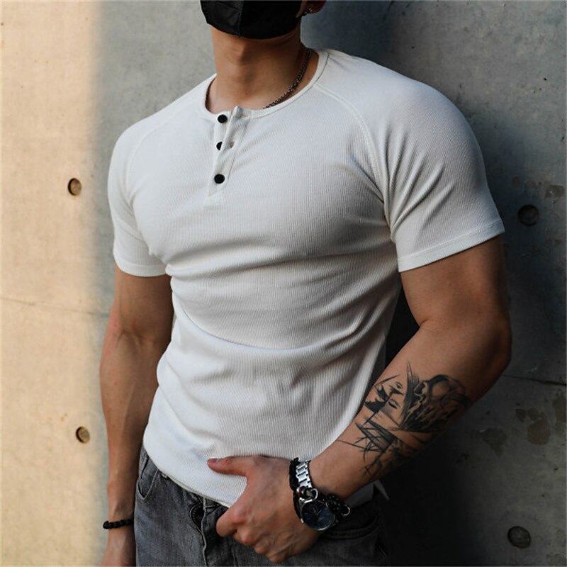Men's Henley Shirt Ribbed Knit tee Plain Henley Street Holiday Short Sleeve Button-Down Clothing Apparel Fashion Casual Comfortable 2025 - $17.99 –P1