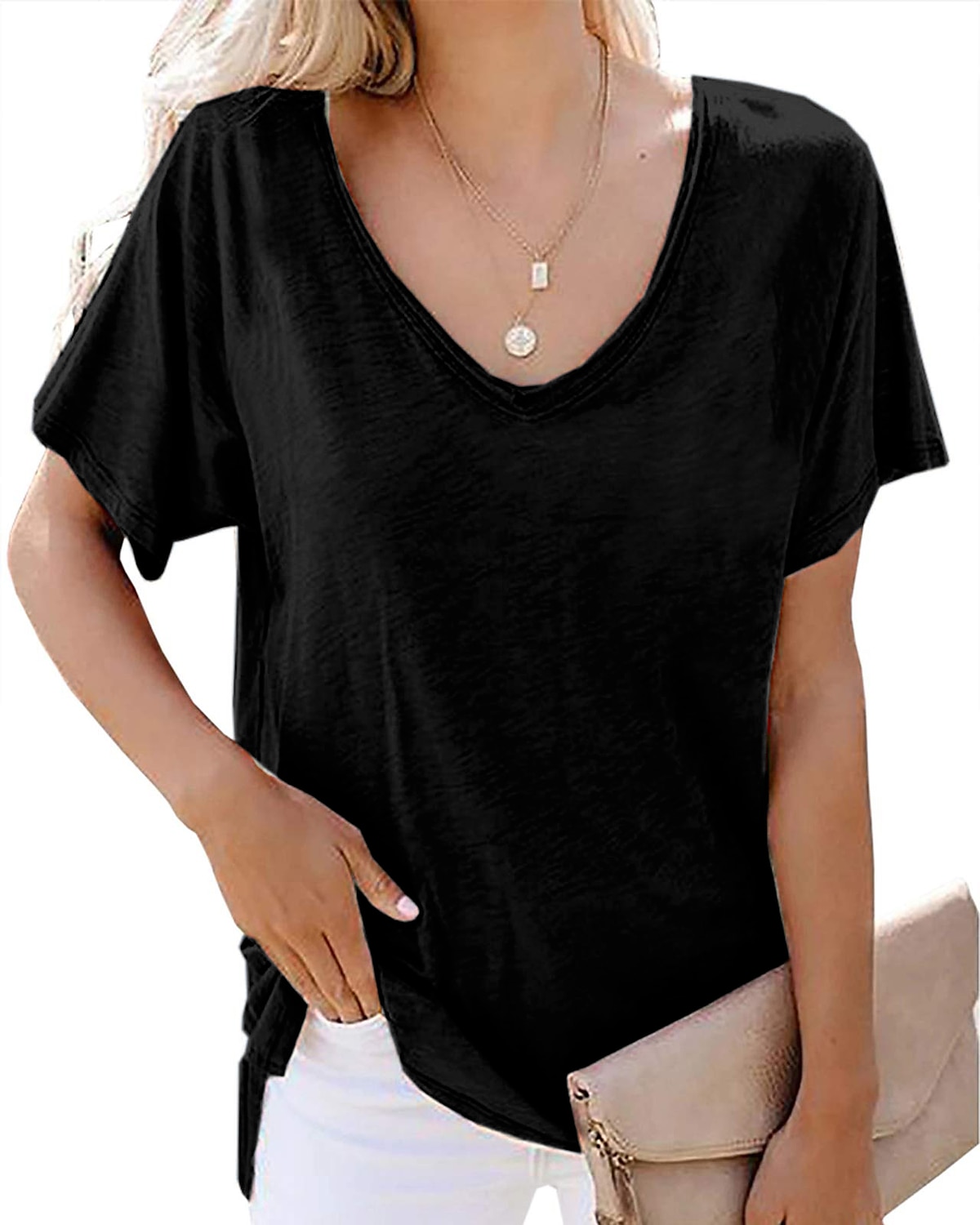 Femme T shirt Plein Plage Manche Courte Col V Hauts réguliers Casual Noir Blanche Vert Véronèse bleu marine Gris Clair de 2025 ? $15.99 –P4