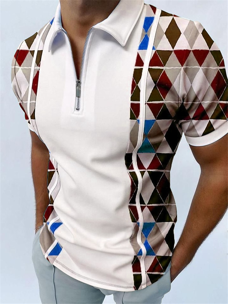 Men's Geometric Zip Polo Shirts Golf Shirt Short Sleeve Polo Shirts Collared Shirts Casual Vacation Wear Formal Wear Festival Wear 3D Print Quarter Zip Polo Black White Red 2025 - $22.99 –P2