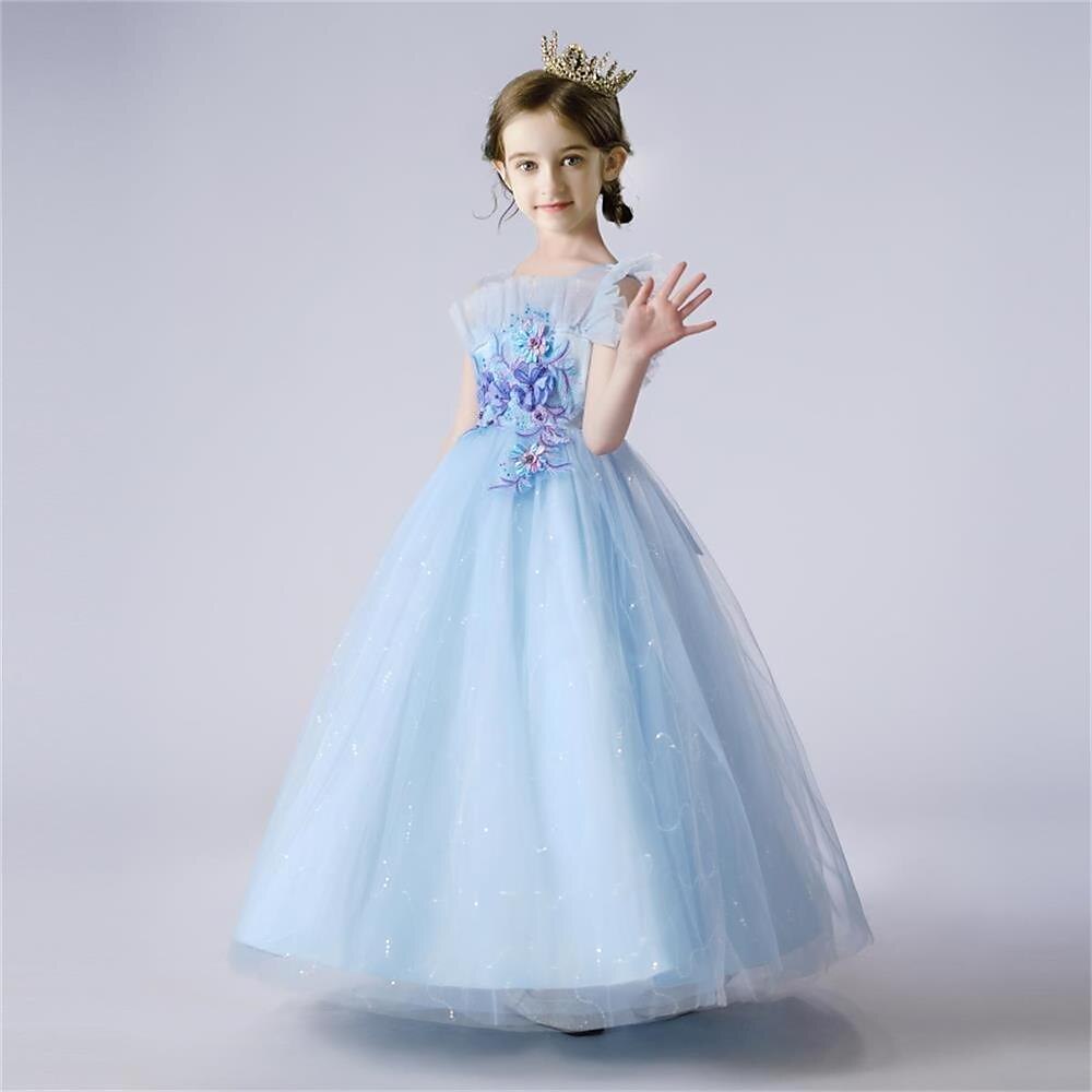 Infantil Para Meninas Vestido Cor Sólida Vestido De Tule Longo Vestido Festa Com Miçangas Sem Manga Estilo bonito Vestido 4-13 anos Primavera Azul Roxo Champanhe de 2025 por $41.99 –P3