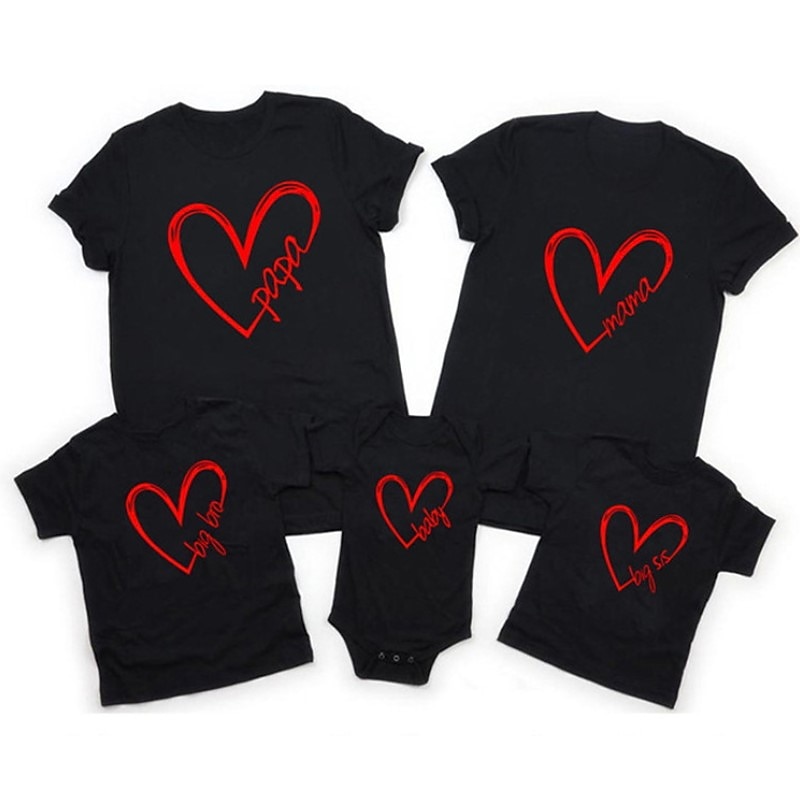 Family T shirt Family Sets Cotton Heart Letter Street Print Black White Dark Grey Short Sleeve Mommy And Me Outfits Active Matching Outfits 2026 - $14.49 –P8