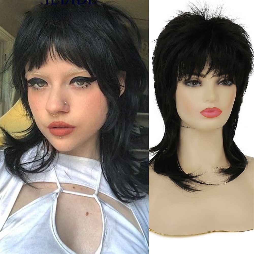 Parrucca Nera Corto Parrucca Sgarrupata a Strati Parrucca Mullet Anni '80 per Donne Parrucca Riccia Nera Resistente al Calore Parrucca per Cosplay Parrucche di Halloween del 2025 a $27.99 –P3
