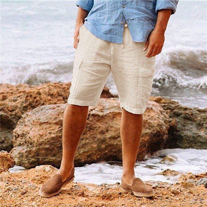 Men's Shorts Linen Shorts Summer Shorts Beach Shorts Drawstring Multi Pocket Plain Comfort Breathable Knee Length Casual Daily Streetwear Classic Style White Army Green 2025 - $22.99 –P16