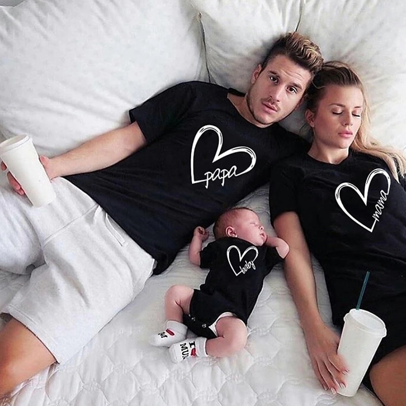 Family T shirt Family Sets Cotton Heart Letter Street Print Black White Dark Grey Short Sleeve Mommy And Me Outfits Active Matching Outfits 2026 - $14.49 –P3