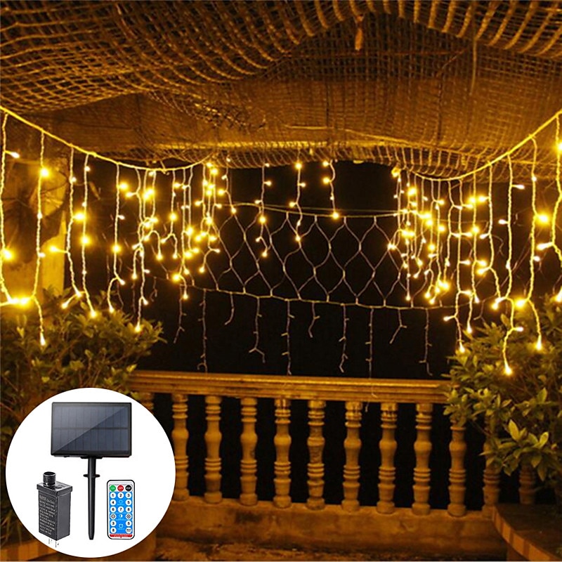 led rideau lumières solaire 3x0.5m 4mx0.6m 5x0.8 24v basse tension télécommande énergie solaire plug-in double usage guirlande lumineuse thanksgiving noël fête en plein air décoration de jardin de 2025 ? $39.99 –P3