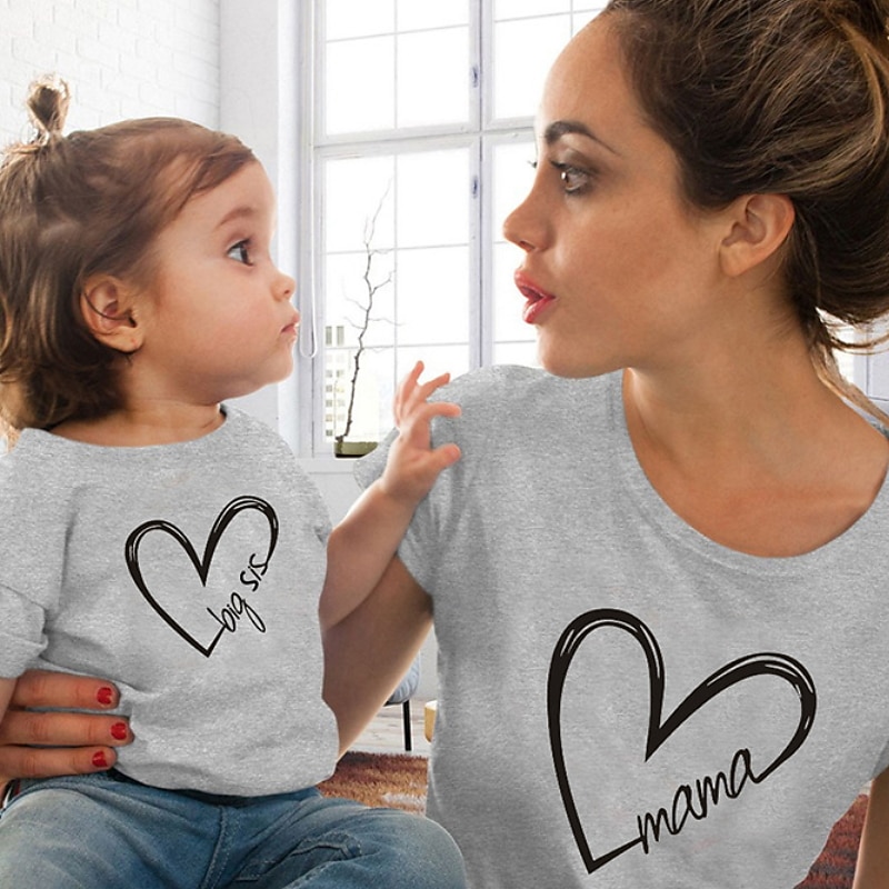 Family T shirt Family Sets Cotton Heart Letter Street Print Black White Dark Grey Short Sleeve Mommy And Me Outfits Active Matching Outfits 2026 - $14.49 –P1