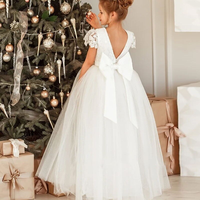 Blumenmädchenkleid Mädchen Kleid Prinzessinenkleid Kleid für die Erstkommunion Party Kleid Leistung Hochzeit Party Prinzessin Süß Gitter Bedruckt Blume Kurzarm Rundhalsausschnitt Weiß 3-12 Jahre 2025 - $78.99 –P2