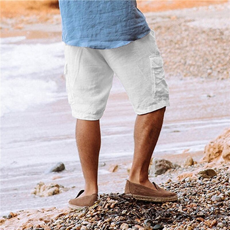 Men's Shorts Linen Shorts Summer Shorts Beach Shorts Drawstring Multi Pocket Plain Comfort Breathable Knee Length Casual Daily Streetwear Classic Style White Army Green 2025 - $22.99 –P13
