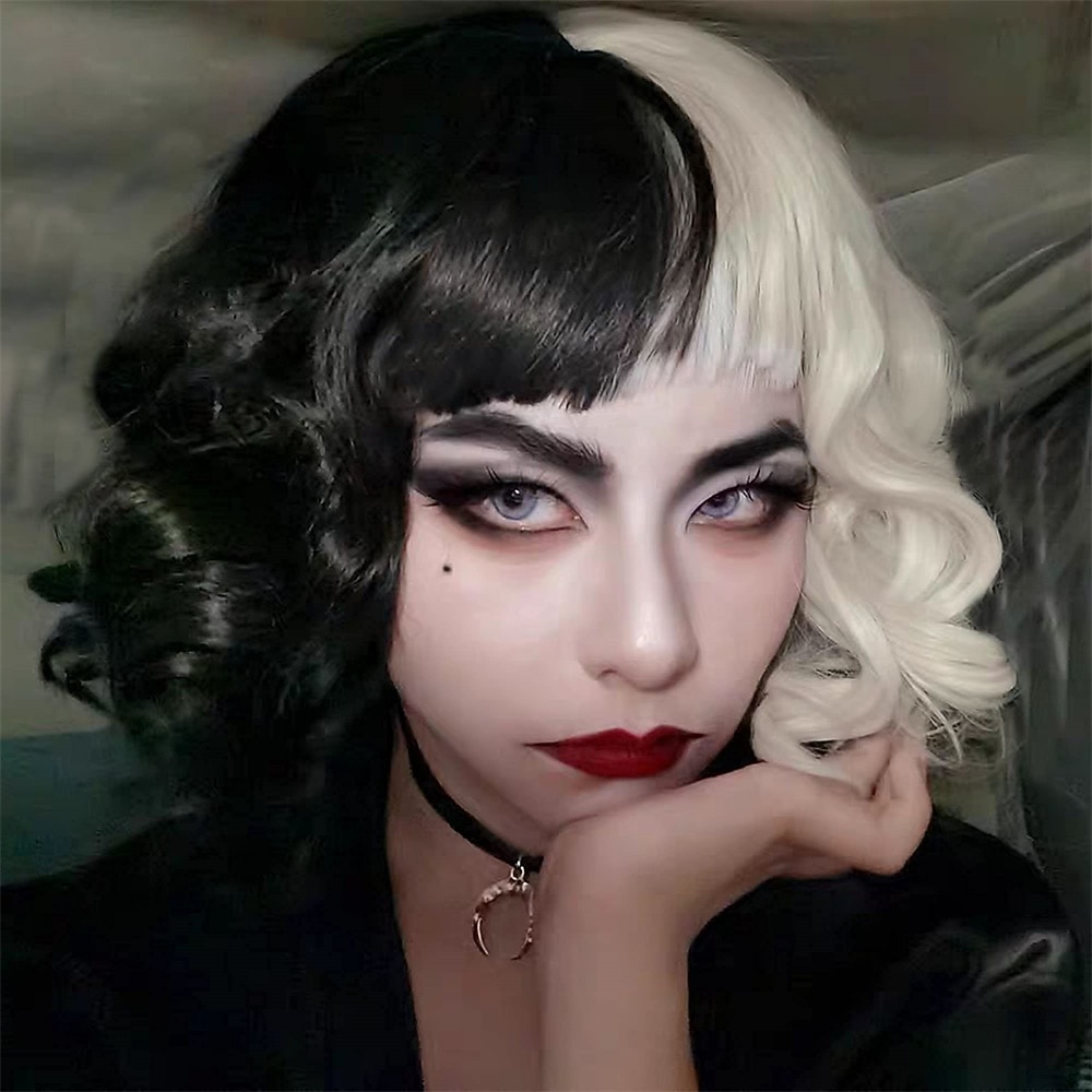 perucă cosplay jumătate albă și neagră perucă cosplay joc de rol peruci de petrecere pentru femei peruci de halloween 2025 - $17.99 –P12