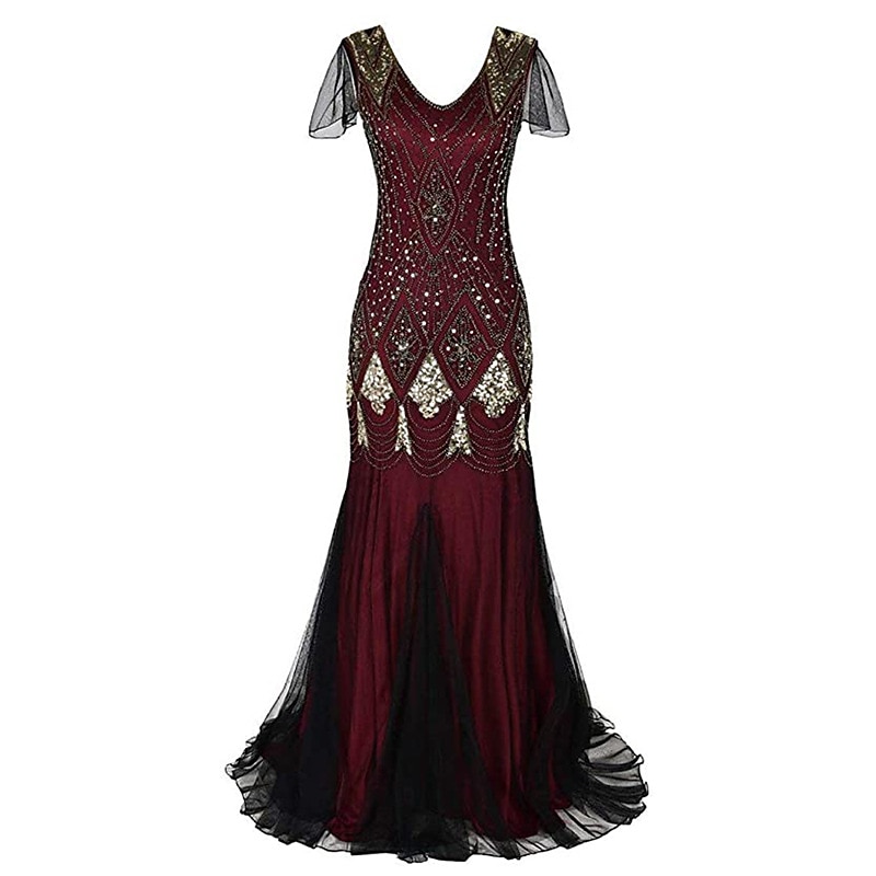 Rugido 20s 1920s Maxi Hasta el Tobillo Vestidos Vestido de noche Vestido de fiesta de graduación Normal Mangas cortas El gran Gatsby charlestón Invitado a la boda Lentejuelas Geométrico Corte 2026 - $56.99 –P11