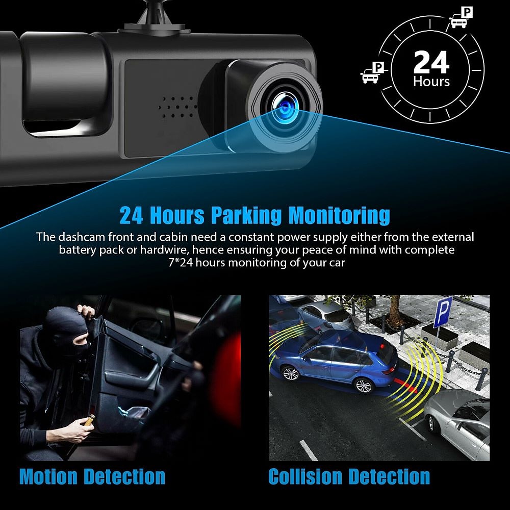 Car 3 Lenses Dash Cam 2-inch Screen Movement Detection Battery Powered  Rechargeable Wide Angle USB 2.0 Camera Recorder