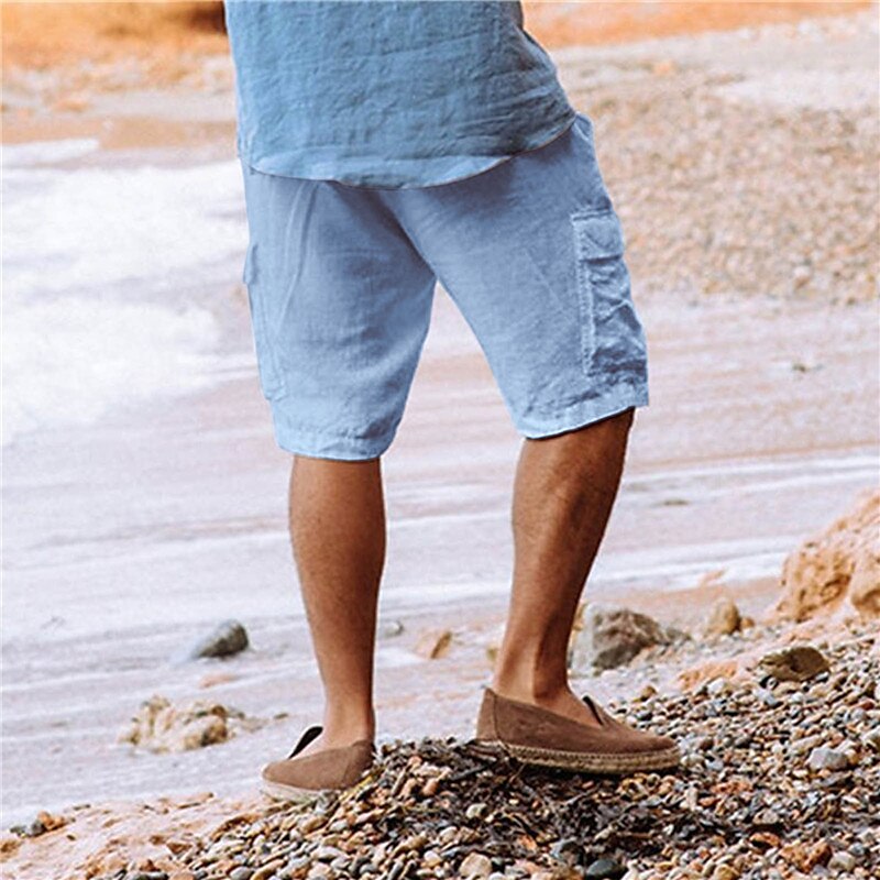 Men's Shorts Linen Shorts Summer Shorts Beach Shorts Drawstring Multi Pocket Plain Comfort Breathable Knee Length Casual Daily Streetwear Classic Style White Army Green 2025 - $22.99 –P11