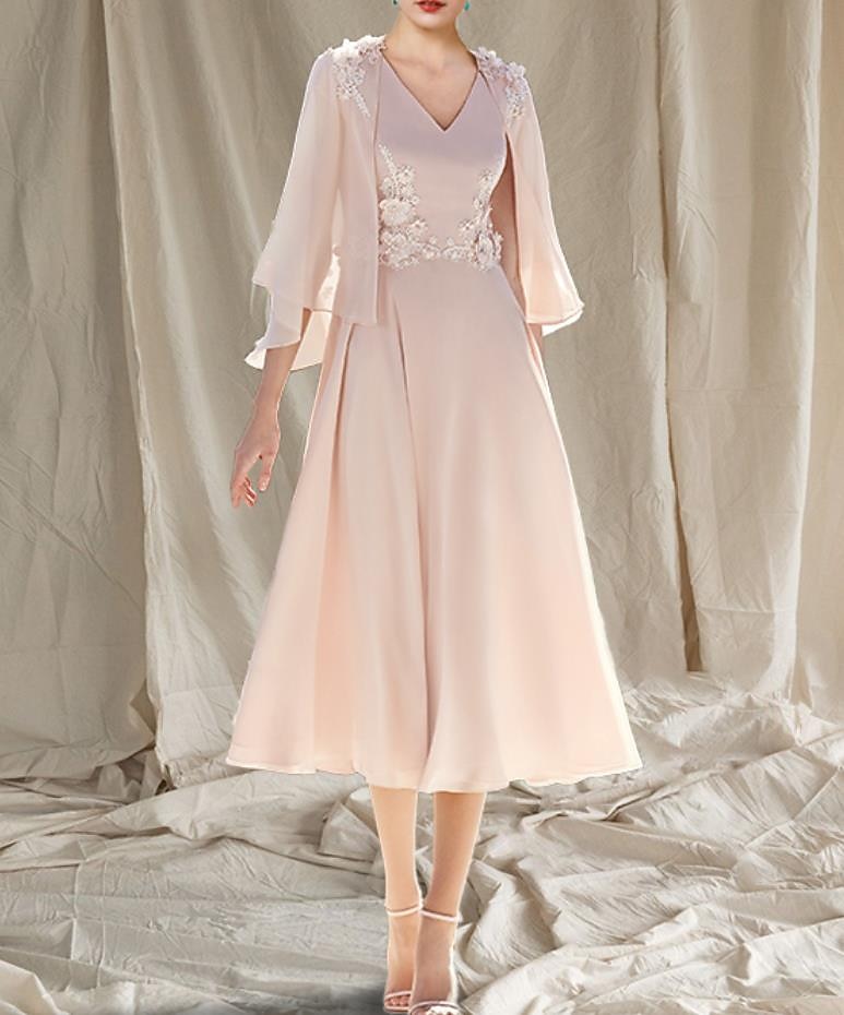 Robe de mère de la mariée en A-line Deux pièces Invité de mariage Église Élégante Col V Longueur thé Chiffon Sans manches Veste incluse avec appliques 2025 taille sur mesure gratuite de 2025 ? $154.99 –P2