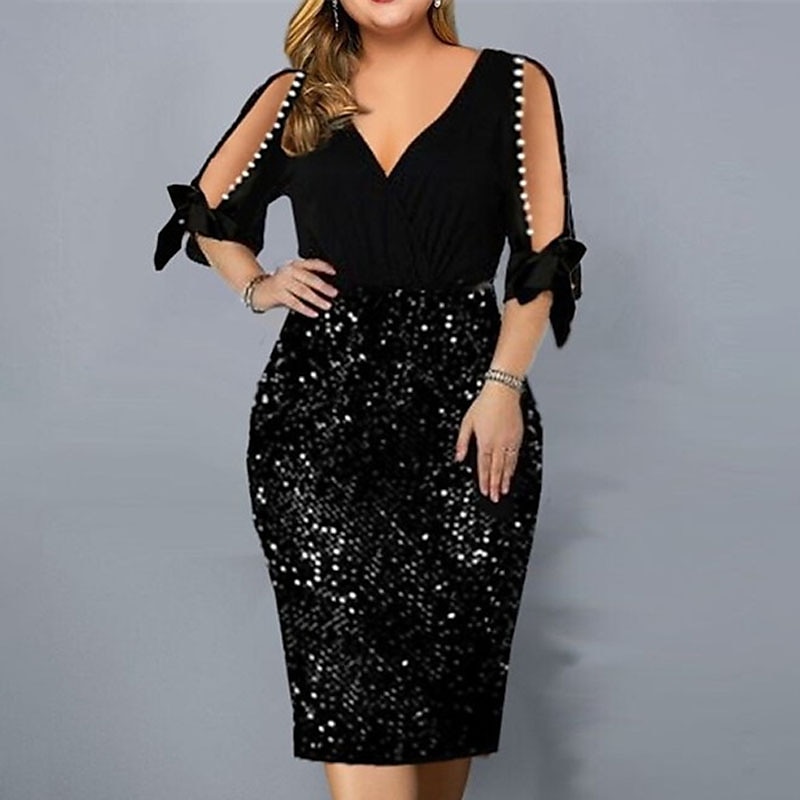 Women‘s Plus Size Sequin Dress Party Dress Sparkly Dress Solid Color V Neck Half Sleeve Spring Fall Stylish Prom Dress Midi Dress Club Dress Sheath Dress 2023 - US $42.99 –P1