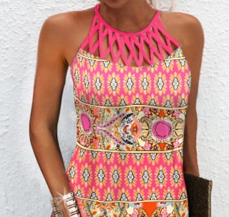 Pentru femei Rochie Mini Rochie casual Rochie etnică Rochie Boho Rochie cu decolteu Modă Stilat Modern Vacanță Zilnic Dată Fit regulat Geometric Imprimeu Fără manșon Gâtul halter Roz Îmbujorat Var 2025 - $30.99 –P3