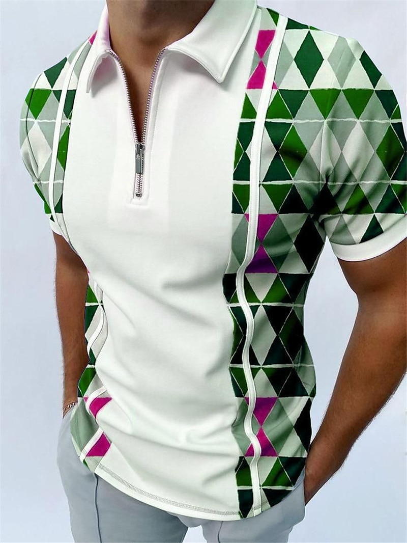 Men's Geometric Zip Polo Shirts Golf Shirt Short Sleeve Polo Shirts Collared Shirts Casual Vacation Wear Formal Wear Festival Wear 3D Print Quarter Zip Polo Black White Red 2025 - $22.99 –P3